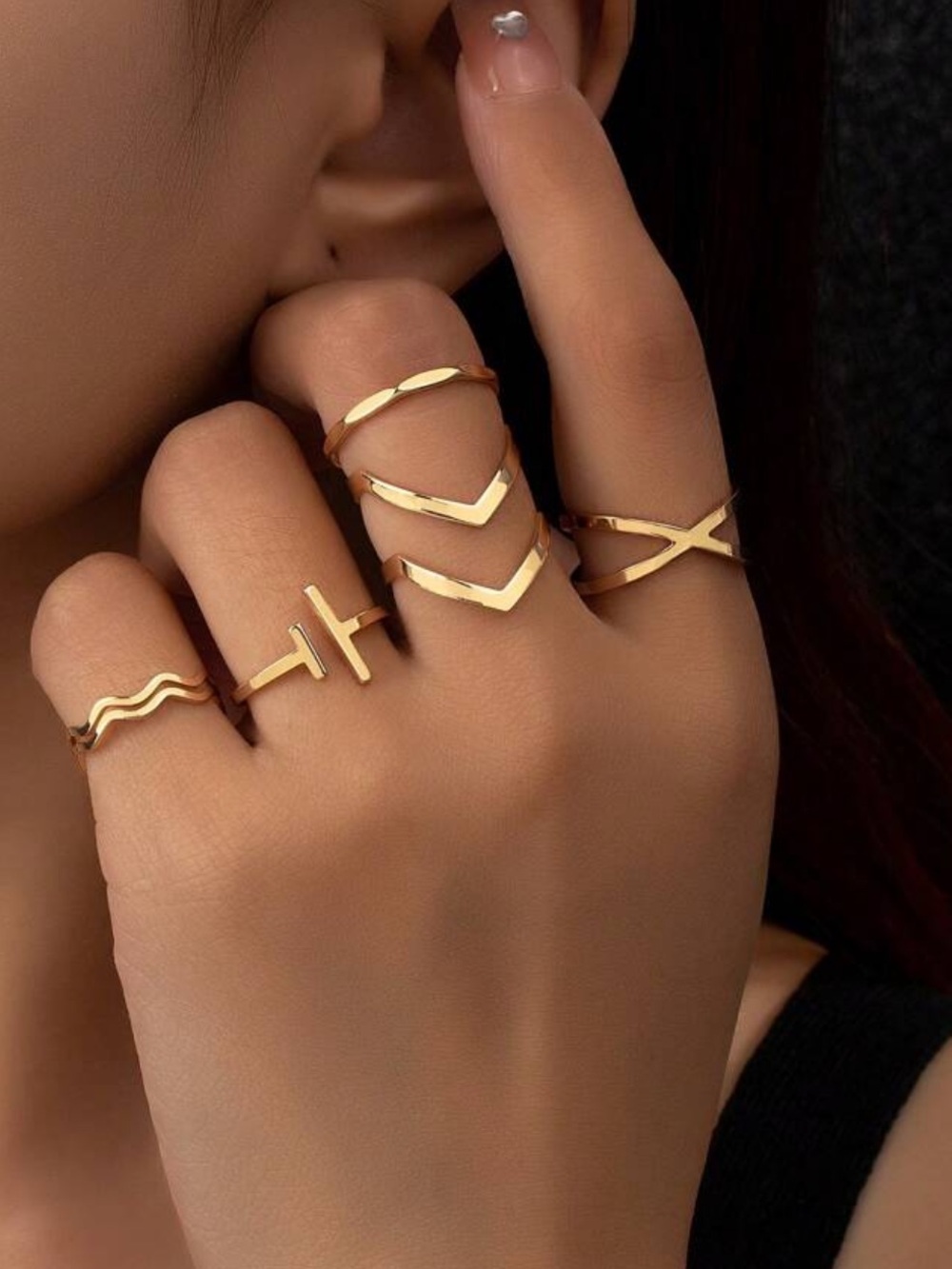 Gold-Tone Minimalist Stackable Ring Set 5 Pieces layer gold tone lot bundle - Picture 3 of 4